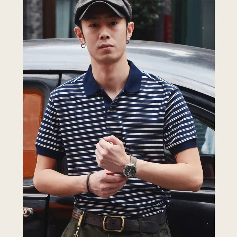POLO男Summer Vintage Lapelt Men's Polo Shirt Pure Cotton Half Sleeves Striped Casual Shirt Loose Fit Casual Clothing