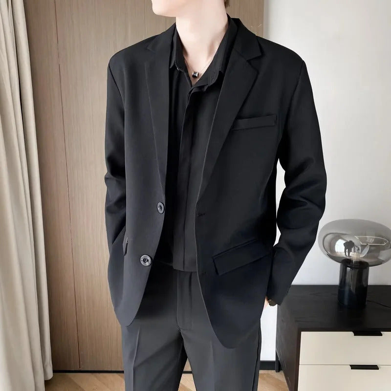 商务装男2024 Casual Western-style Men's Suit Top Korean-style Blazer Jacket Elegant Stable Black Suit For Mature Men