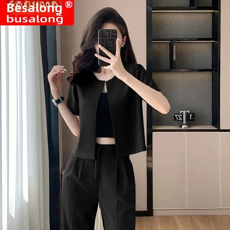 商务装女Elegant Short Sleeves Western-Style Suit Women's High-End Feel Casual Stylish Petite Cropped Suit New Spring Summer 2024
