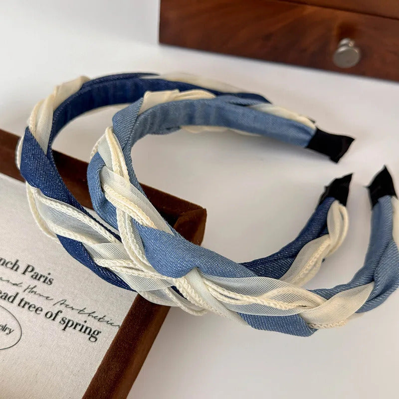 发饰New Retro Braided Twist Headbands Fashion Denim Panelled Mesh Yarn Hair Hoop for  Woman Girl Elegant Hair Band Hair Accessories