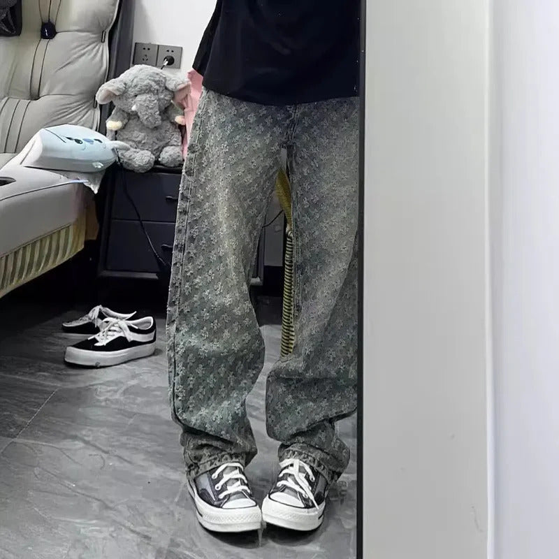 休闲裤男BlueJacquard Straight-Leg Denim Pants Trendy Brand Design SensibilityNiche American Style Casual Pants For Men Summer