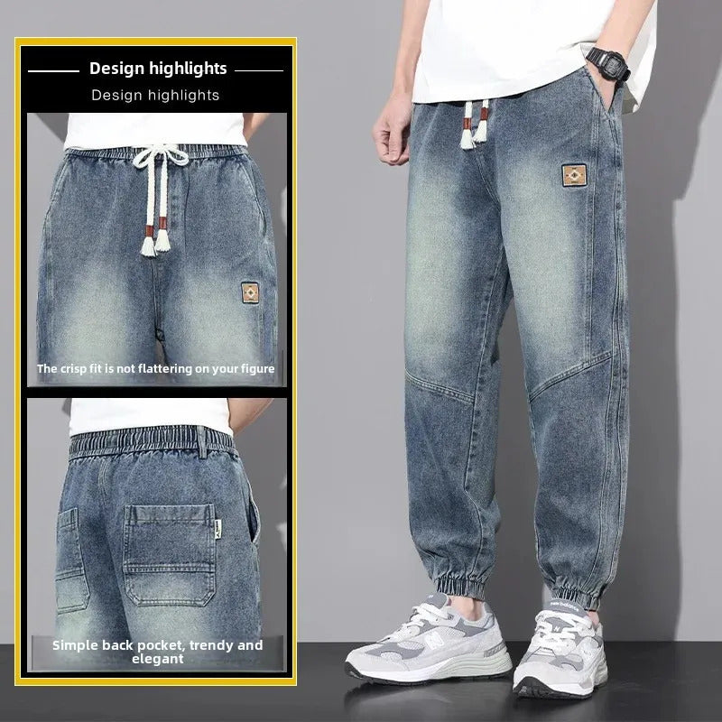 牛仔裤男2024 New Men's Jeans Elastic Waist Loose-fit Casual Trendy Harem Pants Comfortable Sports Vintage Style For Male Students