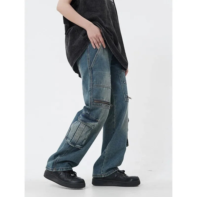 牛仔裤男Vintage High Street Loose-fit Straight-leg Jeans For Men Women Casual Bell Bottoms Retro Workwear Pocketdenim Couple Trousers