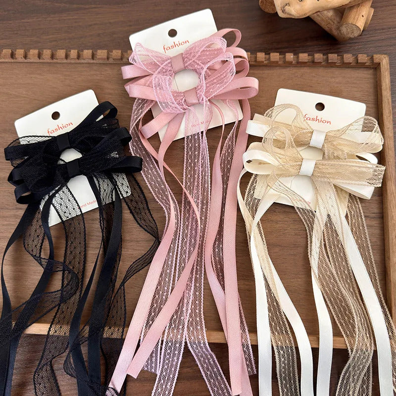 发饰Korean Lace Bow Hair Clip Fashion Long Ribbon Hairpins Barrettes Headband for Women Girls Sweet Hair Accessories Wedding Jewelry