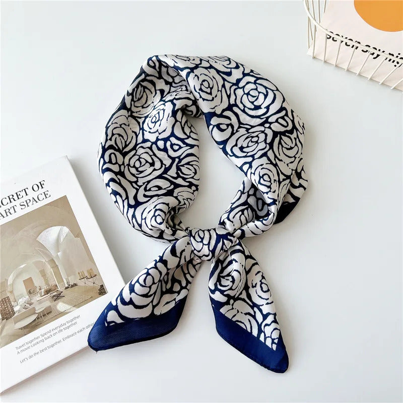 丝巾女Luxury Rose Flowers Print Satin Silk Square Scarf for Women Hair Bands Ribbon Neck Tie Bandana Lady Kerchief Shawl Wrist Wrap