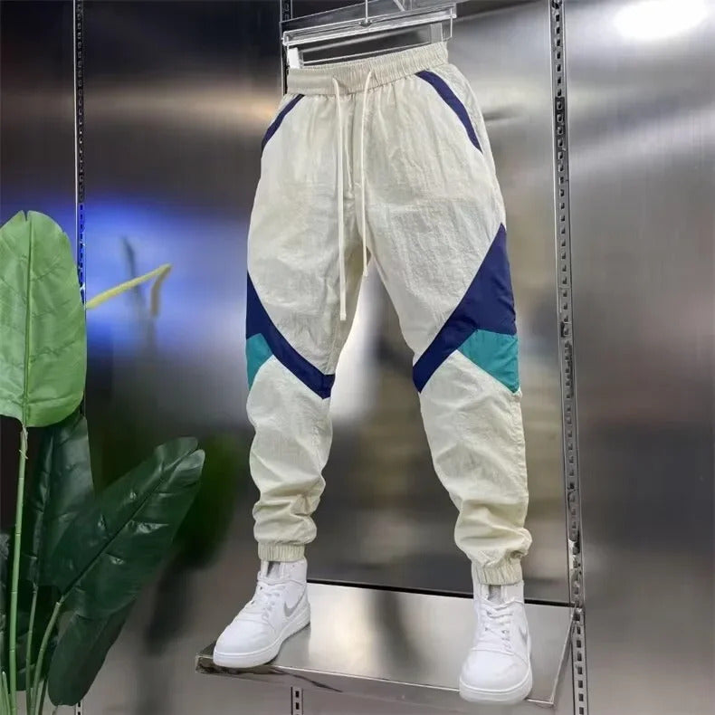 休闲裤男Autumn New Men's Quick-Dry Breathable Casual Pants Trendy Spliced Stripe Ankle-Length Loose-Fit Sweatpants