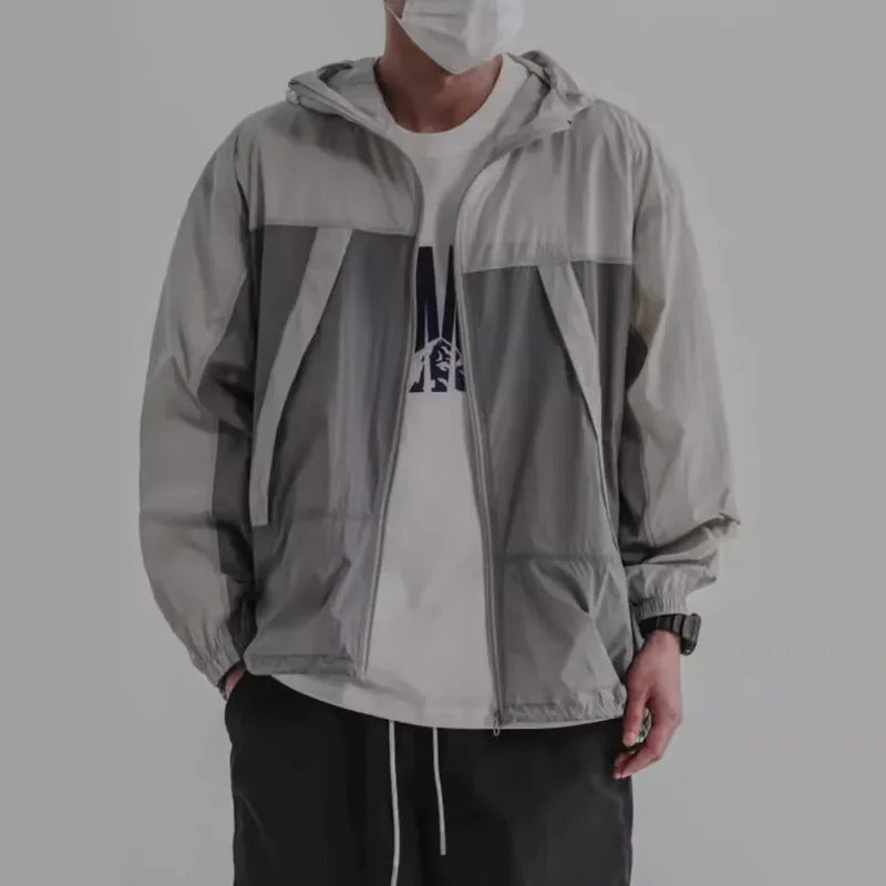 防晒衣男Summer New Men's Lightweight Jacket Top Sunscreen Outdoor Windbreaker Sport Solid Color Hooded Versatile Casual Use Loose Fit