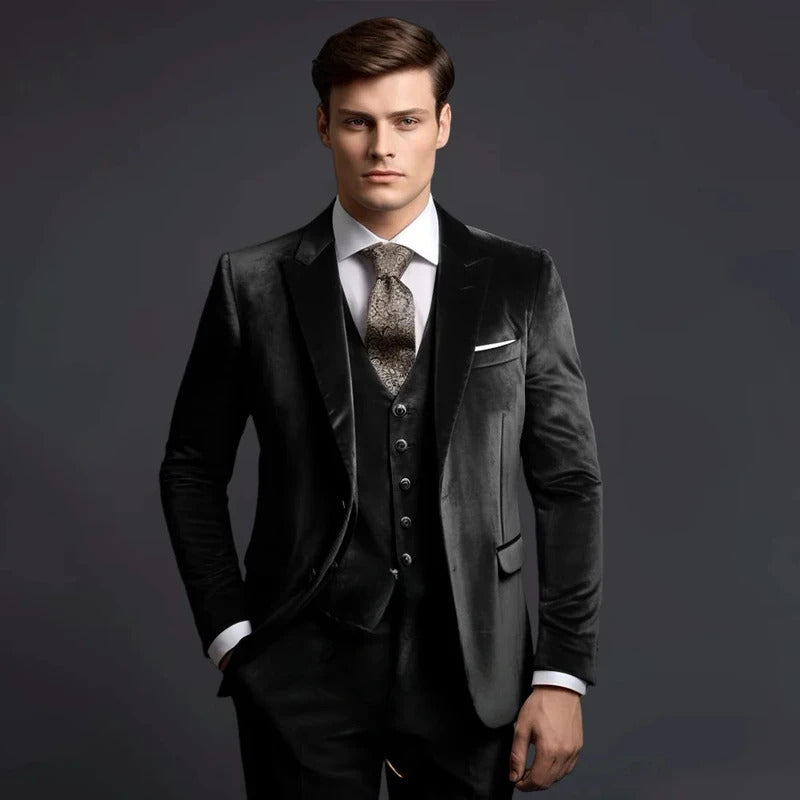 礼服男Grey Velvet Men's Suits Elegant Wedding Single Breasted Peak Lapel Slim Fit Male Clothing High Quality 3 Piece Jacket Pants Vest