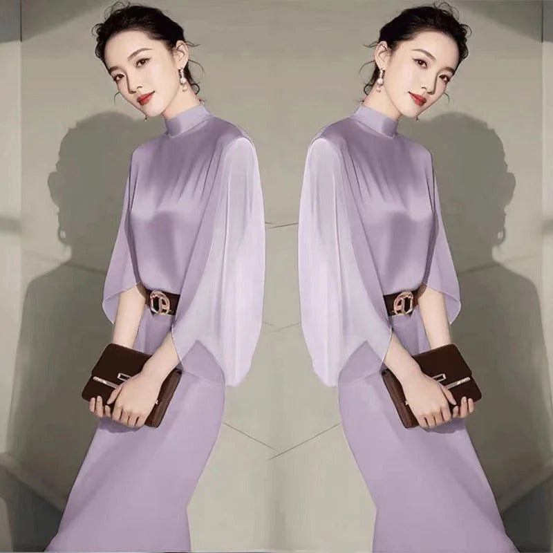 商务装女French Elegant Women's Party Outfits Autumn New Fashion Stand Collar Blouse + Temperament Bag Hip Midi Skirt Suit 2Pcs Set 433P