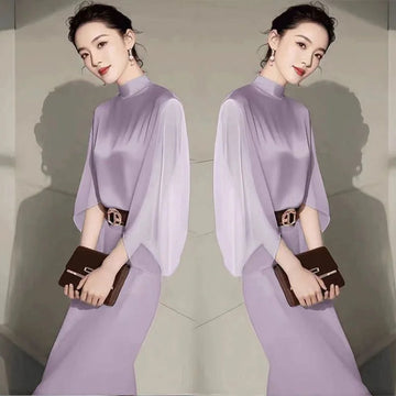 商务装女French Elegant Women's Party Outfits Autumn New Fashion Stand Collar Blouse + Temperament Bag Hip Midi Skirt Suit 2Pcs Set 433P