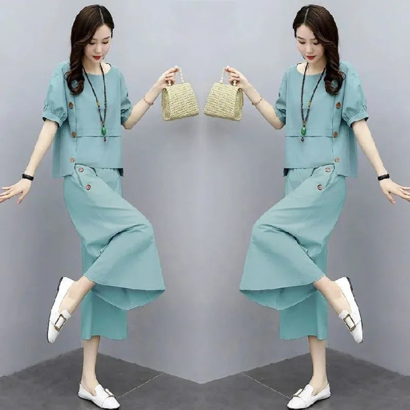 商务装女Women's Short Sleeves Wide Leg Pants Suit 2024 New Casual 2 Two Piece Set Spring And Summer Solid Color Loose Plus Size Clothing