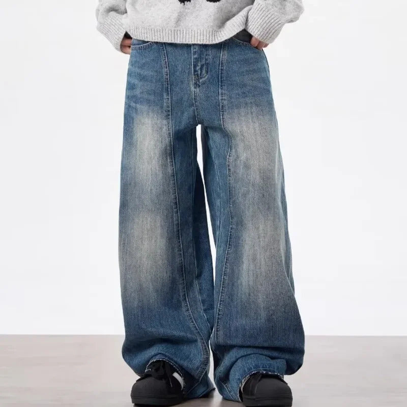 牛仔裤男American Retro Washed Lightning Pattern Deconstructed Bent Knife Jeans Loose Stereo Trimmed Silhouette Banana Pants For Men And