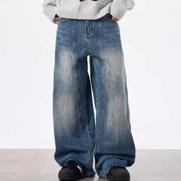 牛仔裤男American Retro Washed Lightning Pattern Deconstructed Bent Knife Jeans Loose Stereo Trimmed Silhouette Banana Pants For Men And