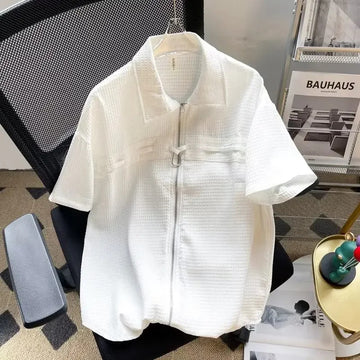 衬衫男2024 Summer Korean Style Men's Zippered Short Sleeve Shirt Youth Metal Rebellious Short Sleeve Tops Casual Sensibility Design
