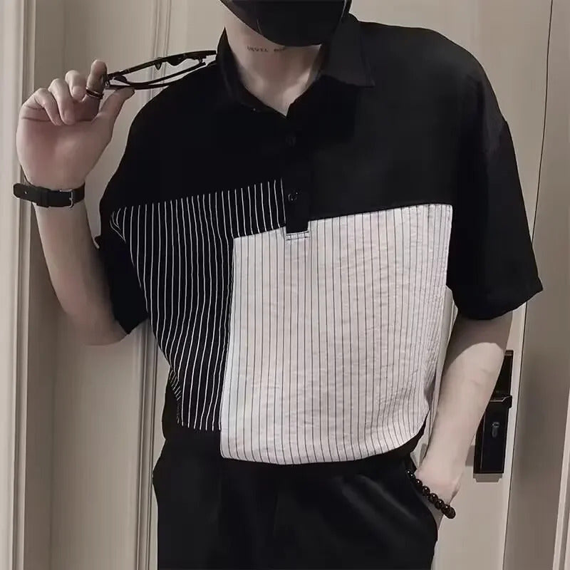 POLO男Trendy Polo Shirt For Men 24 Year Summer New Style Lapel Color Block Loose Fit Korean Version Fashionable Youth Casual Wear