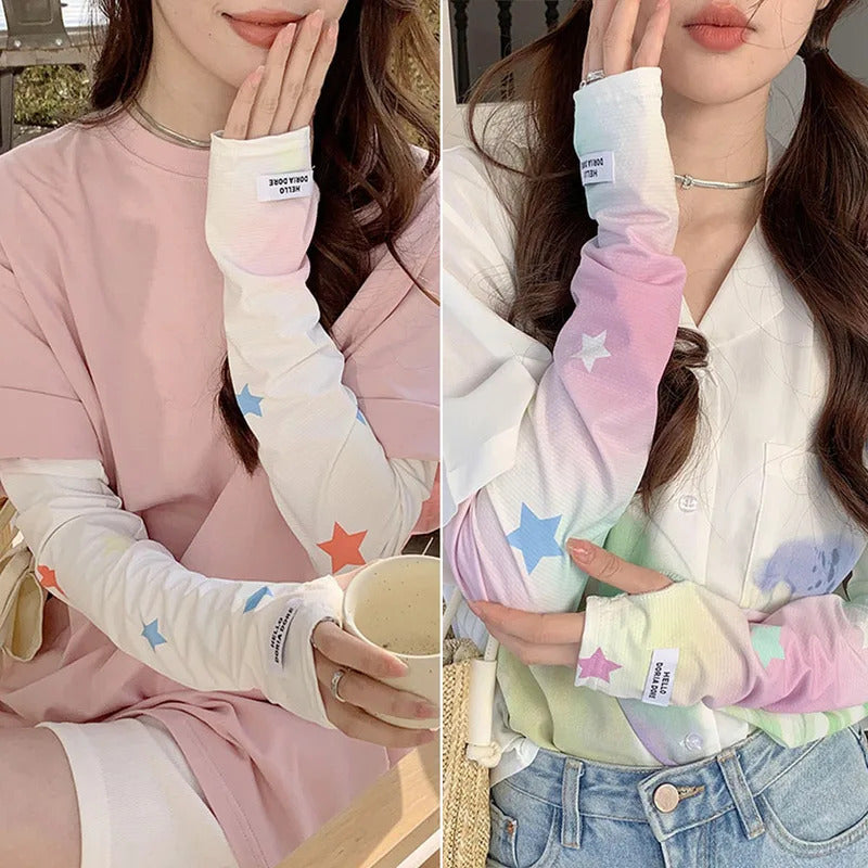 防晒冰袖女Girls UPF50+ Arm Sleeves Colorful Star  Summer Sun UV Protection Half Finger Sleeves Cooling Running Cycling Long Arm Sleeve