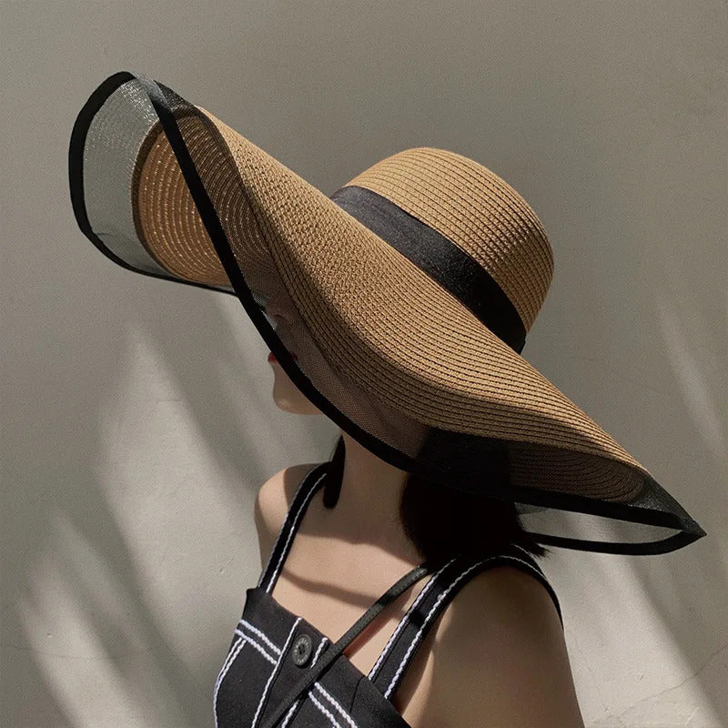 帽子女Women Sun Hat Big Eaves Waves Beach Cap Ladies Hat Big Brim Sun Visors UV Cut Bucket Panama Cap Foldable Straw Sunscreen Vintage