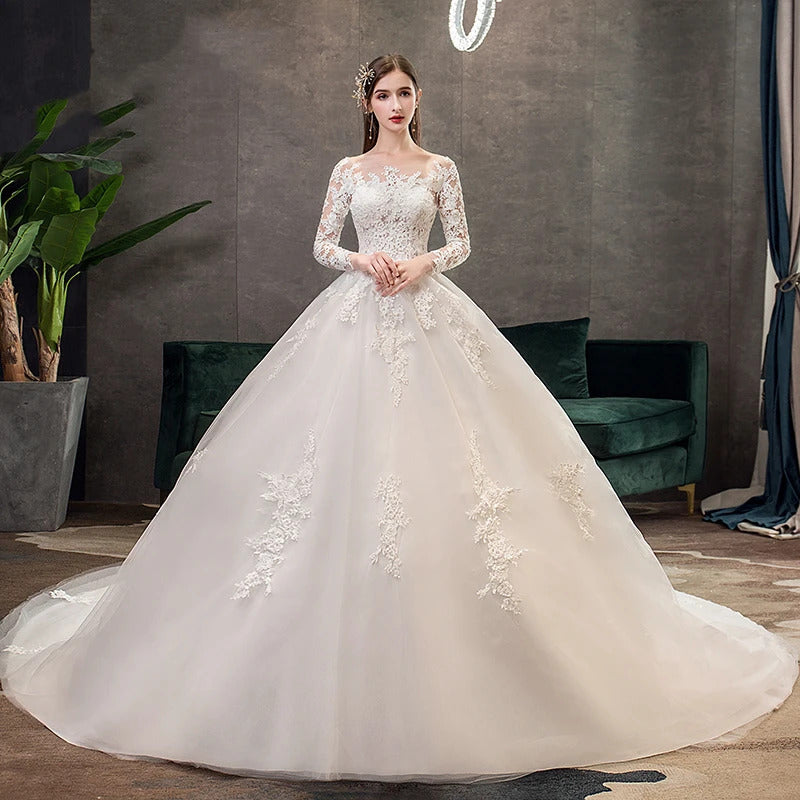 礼服女Y&m Elegant Beautiful Long Sleeve Plue Size Wedding Dress New Style Embroidery Sexy Backless Bride Gown Vestido De Noiva Simple