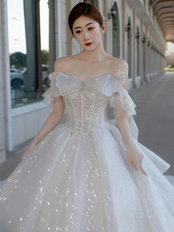 礼服女New Beading Shiny Vestido De Noiva Round Neck Ball Gown Princess Appliques For Luxury Wedding Dress Wedding Dress Customized