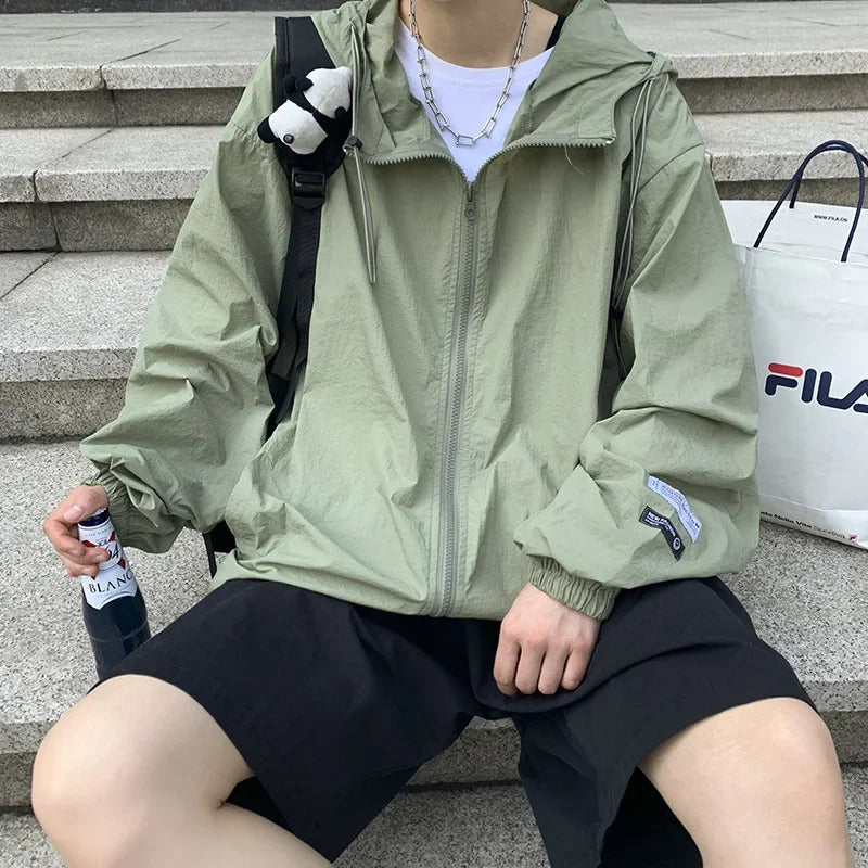 防晒衣男Hong Kong Style Men's Summer Thin Sunscreen Jacket Loose Fit Hooded Sun Protection Clothing Solid Color Casual Skin Wear