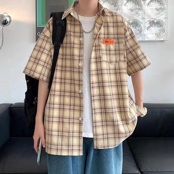 衬衫男Casual Plaid Shirt Men's Short Sleeves New Model Trendy Brand Clothing Spring Autumn Season Cross-border Japanese Style