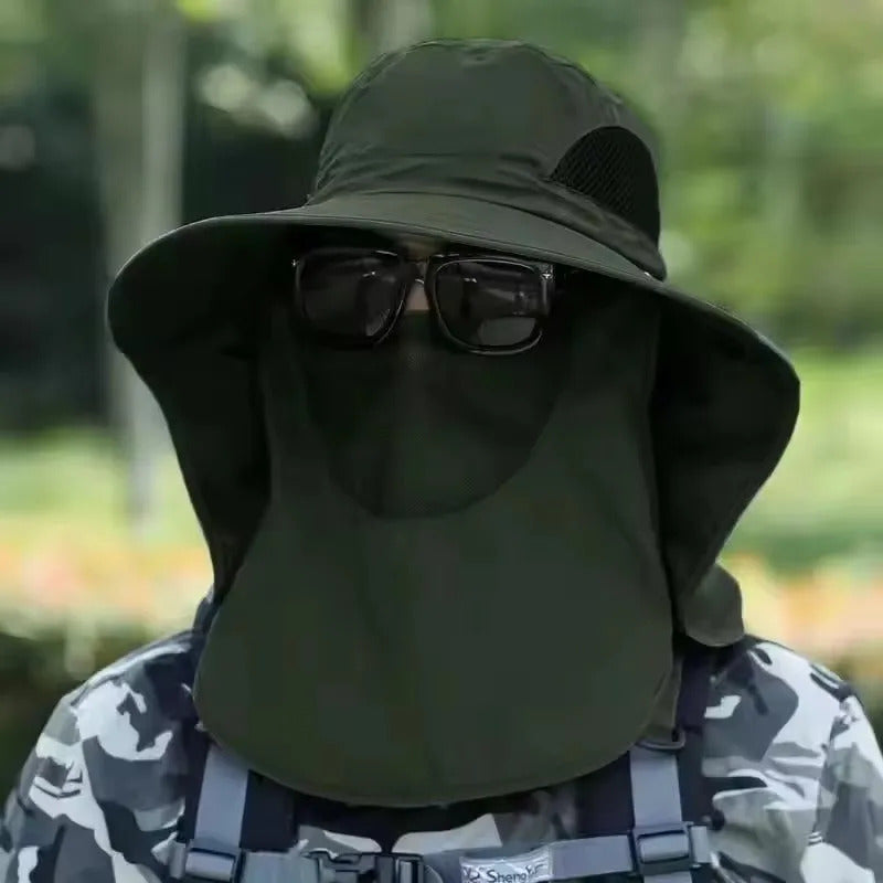防晒帽男UPF50+ Fishing hat Sun shading large eaves mountain climbing mask mesh breathable outdoor UV protection detachable full face