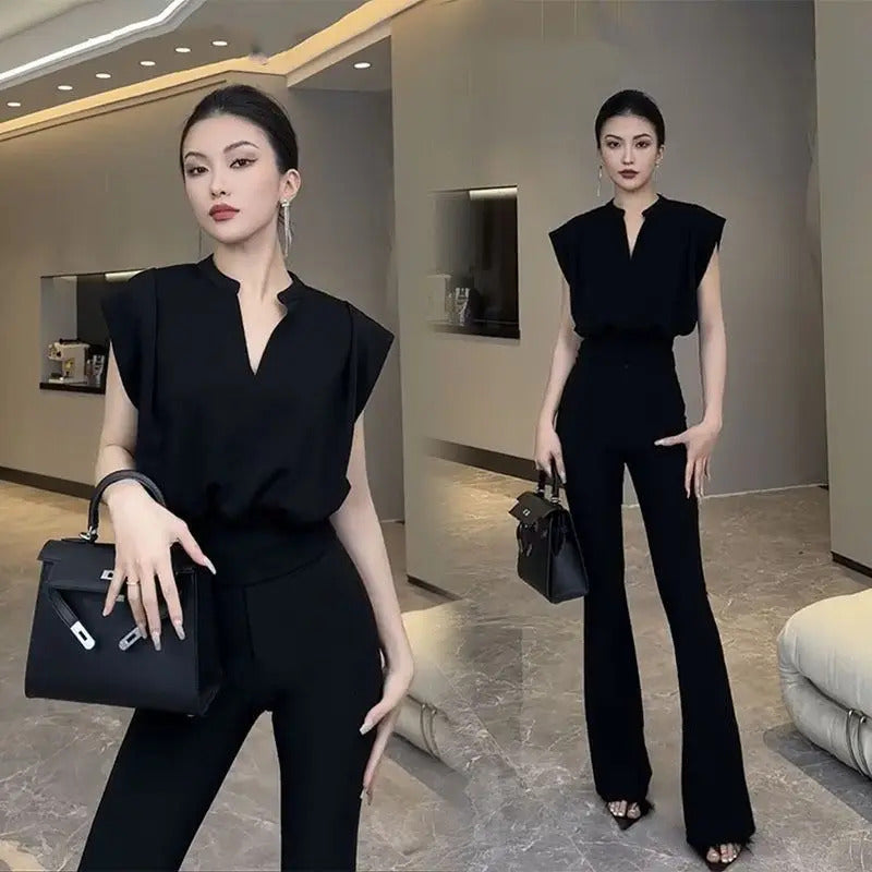 商务装女Women's Set Korean Summer Casual Fashion V-Neck Slim Versatile Sleeveless T-shirt Age Reducing Casual Pants Two Piece Set