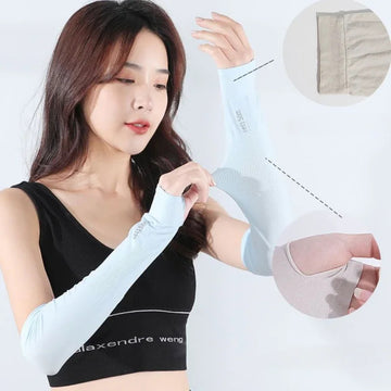 防晒冰袖女UV Solar Arm Sleeves Woman Men Cycling Fingerless Gloves Cool Muff Summer Ice Silk Elastic Arm Cover Driving Anti-Sunburn Sleeve