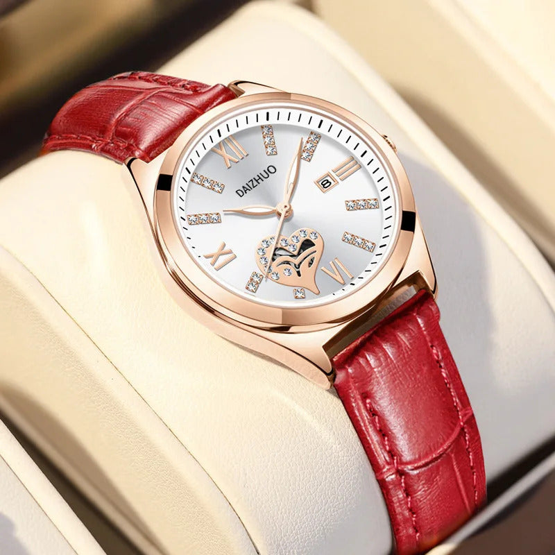 手表女UTHAI Women's Watch Elegant Light Luxury Red Leather Love Waterproof Calendar Ladies Fashion Quartz Watches Valentine's Day Gift