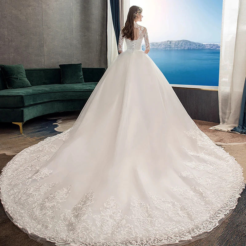 礼服女Customized Vestido De Noiva White Wedding Dress 2025 Three Quarter Sleeve Luxury Lace Floor or  Train Ball Gown Robe De Mariee