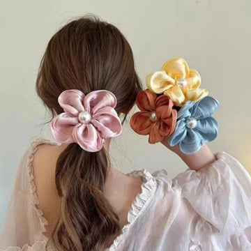 发饰Sweet Colored Flowers High Elastic Hair Circle Cloth Hair Bands Pearl Hair Ties Scrunchies Ponytail Holder Hair Accessories