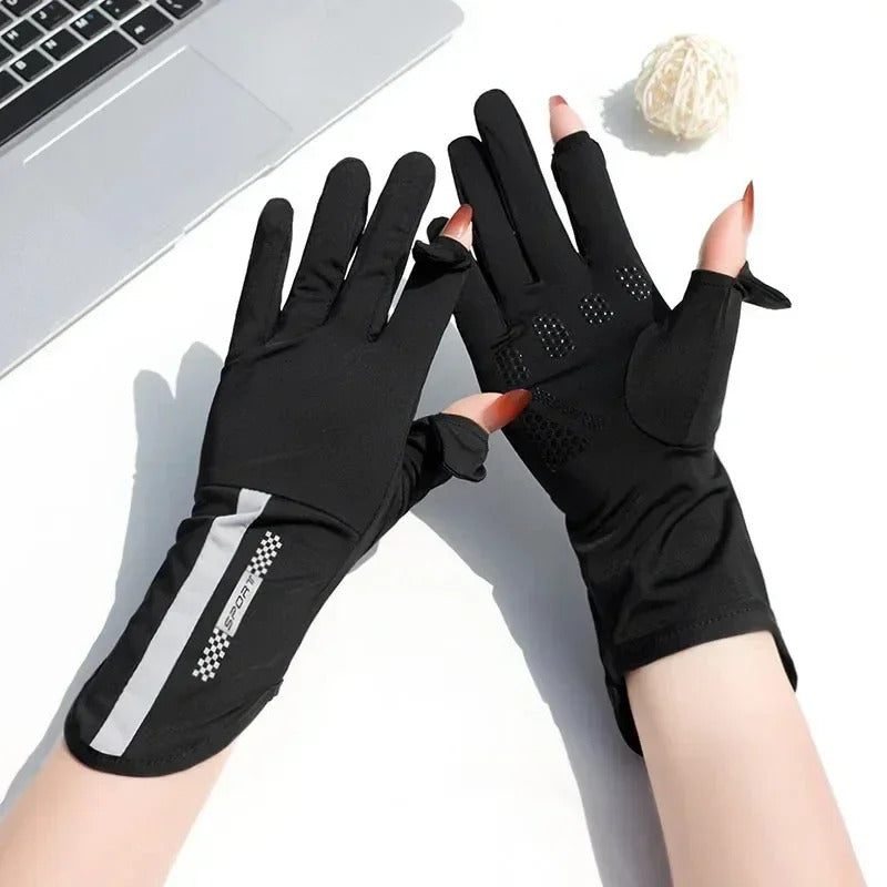 防晒手套女Summer Anti-sunburn Sunscreen Gloves Women Thin Ice Silk  Dew Finger Touch Screen Driving Riding Non-slip Breathable UPF 50