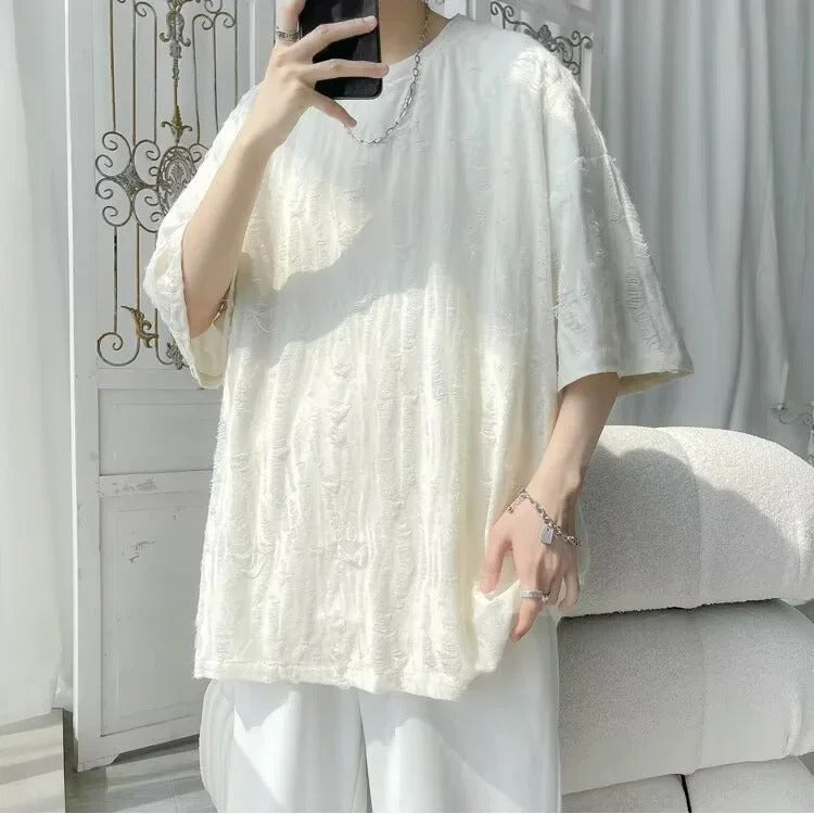 T恤男Hollow Out Short Sleeve Men's T-Shirt Hong Kong Style INS Design Sensibility Rebellious Top Summer Trendy Loose-Fit Couple Shirt