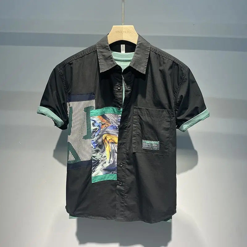 衬衫男Elegant Fashion Harajuku Slim Fit Ropa Hombre Loose Casual All Match Sport Shirt Printed Patchwork Button Short Sleeve Blusa