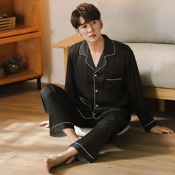 睡衣男New Elegant Silk Men's Pajama Sets Long Button Sleepwear Male Sleeping Home Clothes Satin Night Wear Pijama Big Size Loungewear