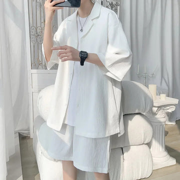 男士套装Ice Silk Elastic Short Sleeve Men's Shirt Summer Sensibility Niche Rebellious Trendy Suit Coords Cool Men's Wear