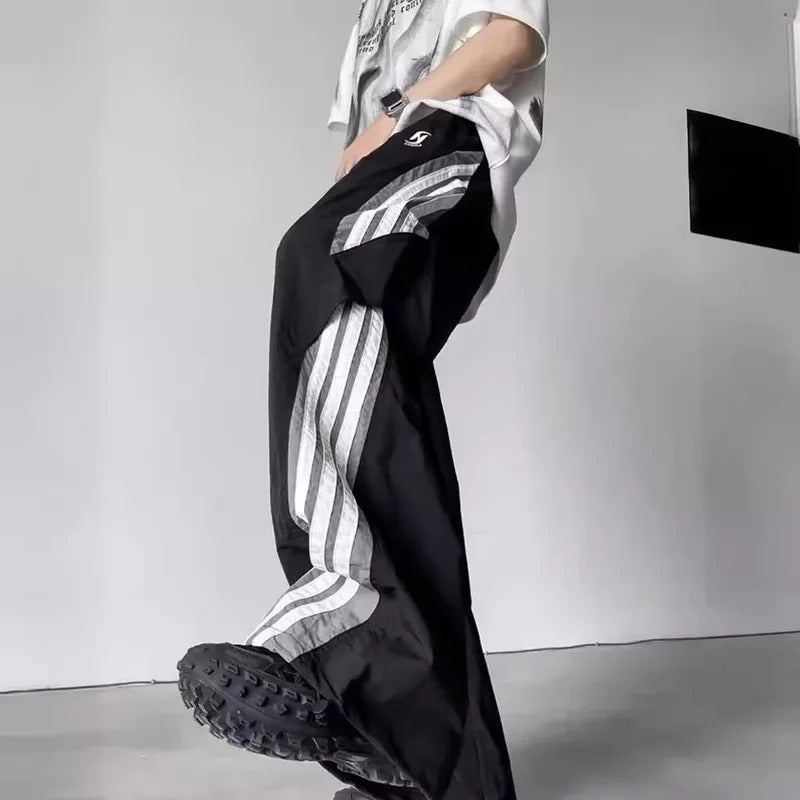 休闲裤男American Style Striped Quick-Dry Men's Pants Thin Loose-Fit Wide-Leg Straight-Leg Street Dance Sports Workwear Trousers