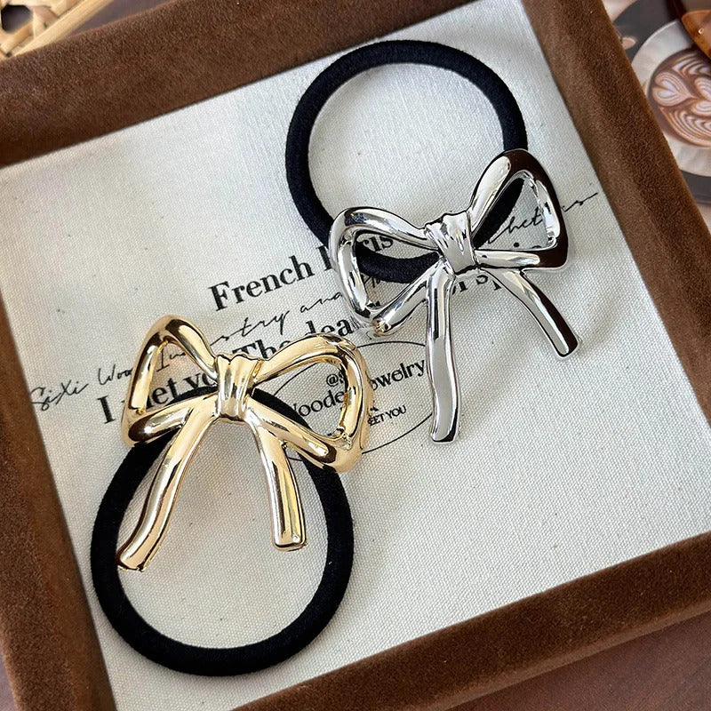 发饰Retro Golden Silver Bow Hair Rope Headband for Woman Girl Temperament Hair Tie Black Rubber band Female Fashion Hair Accessories
