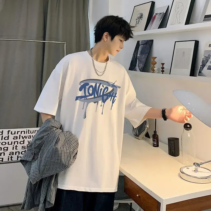 T恤男Trendy Graffiti Printing T-Shirt Loose Fit Hong Kong Style Short Sleeves Couple Pure Cotton 33T02 Old Explosion Model New Model
