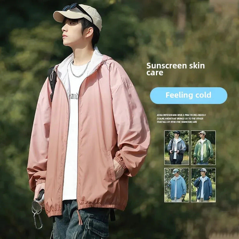防晒衣男Men's Lightweight Ice Silk Breathable Sunscreen Clothes Loose Fit Trendy Anti-uv Hooded Sun Protection Jacket For Summer