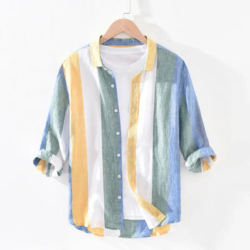 衬衫男Stylish Striped Hemp Shirt For Men Trendy 7 Quarter Sleeve Summer Japanese Style Loose Fit Thin Korean Version Trendy Half Sleev