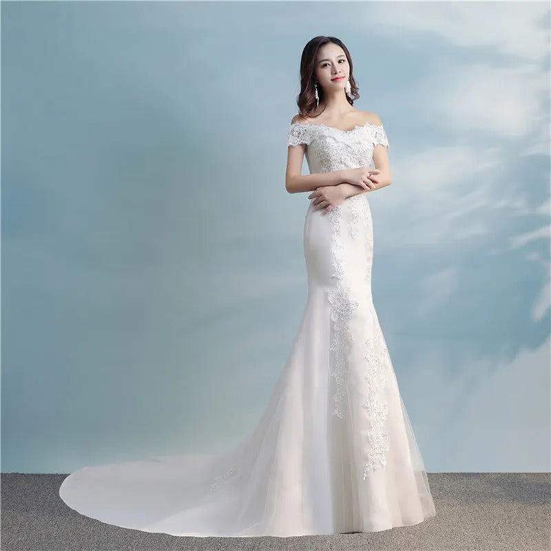 礼服女Y&M Novias Cheap New Arrival Lace Satin Mermaid Wedding Dresses Boat Neck Off Shoulder Wedding Gown Bride Dress  Robe de mariage