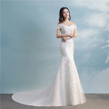 礼服女Y&M Novias Cheap New Arrival Lace Satin Mermaid Wedding Dresses Boat Neck Off Shoulder Wedding Gown Bride Dress  Robe de mariage