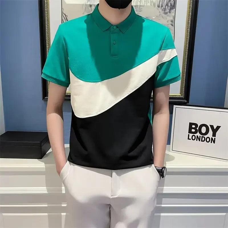 POLO男TrendyArtistic New Spring Season Polo Shirt Men's Fashionable Color Block Simple Design Casual Style For Young Adults