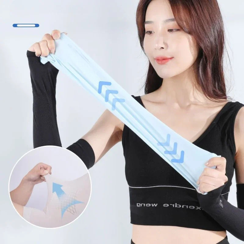 防晒冰袖女UV Solar Arm Sleeves Woman Men Cycling Fingerless Gloves Cool Muff Summer Ice Silk Elastic Arm Cover Driving Anti-Sunburn Sleeve