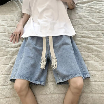 短裤男Wide Leg Baggy Denim Shorts Men Summer Thin Solid Color Casual Loose Simple Knee-length 5 Point Pants Drawstring Straight Shorts