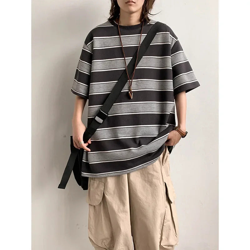 T恤男Japanese Striped Breathable Short Sleeve T-Shirt Men's Trendy Brand Summer New Round Neck Loose-Fit Couples Half Sleeve Body Top