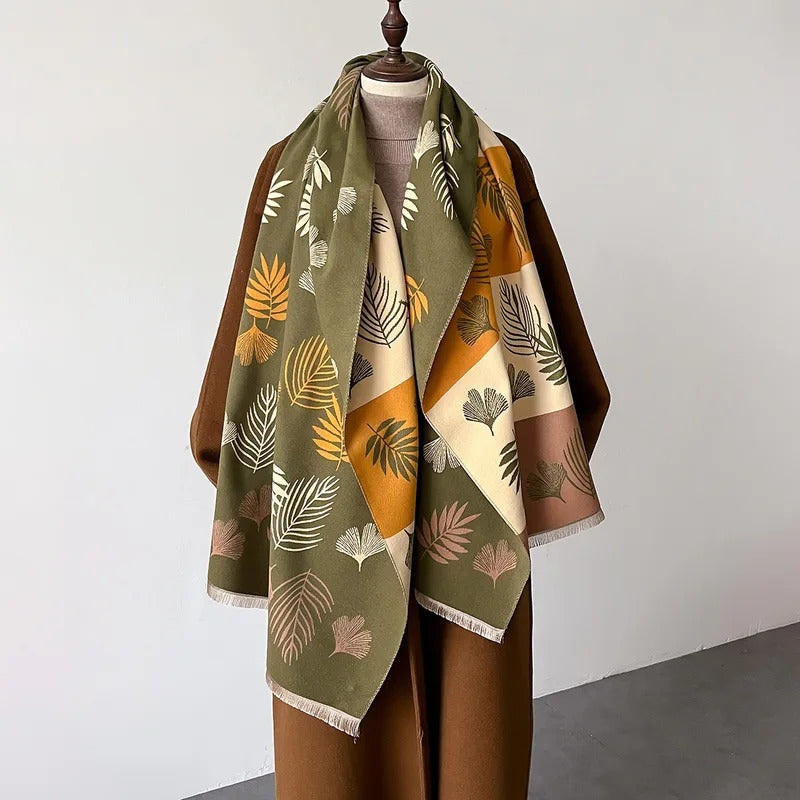 丝巾女2024 Winter Double-sided Cashmere Scarf Women Fashion Pashmina Shawl Wrap Leaf Design Keep Warm Head Scarves Female Neckerchief