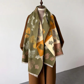 丝巾女2024 Winter Double-sided Cashmere Scarf Women Fashion Pashmina Shawl Wrap Leaf Design Keep Warm Head Scarves Female Neckerchief