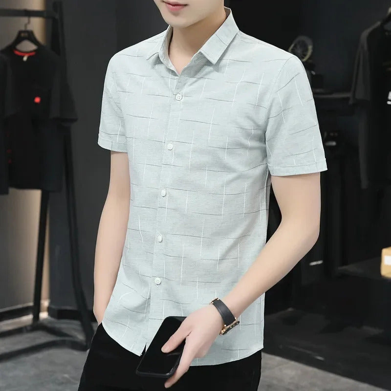 衬衫男Casual Plaid Shirt Men's Half Sleeve Summer Korean Trendy Slim Fit You And Smooths Your Silhouette Leisure Top Shirt